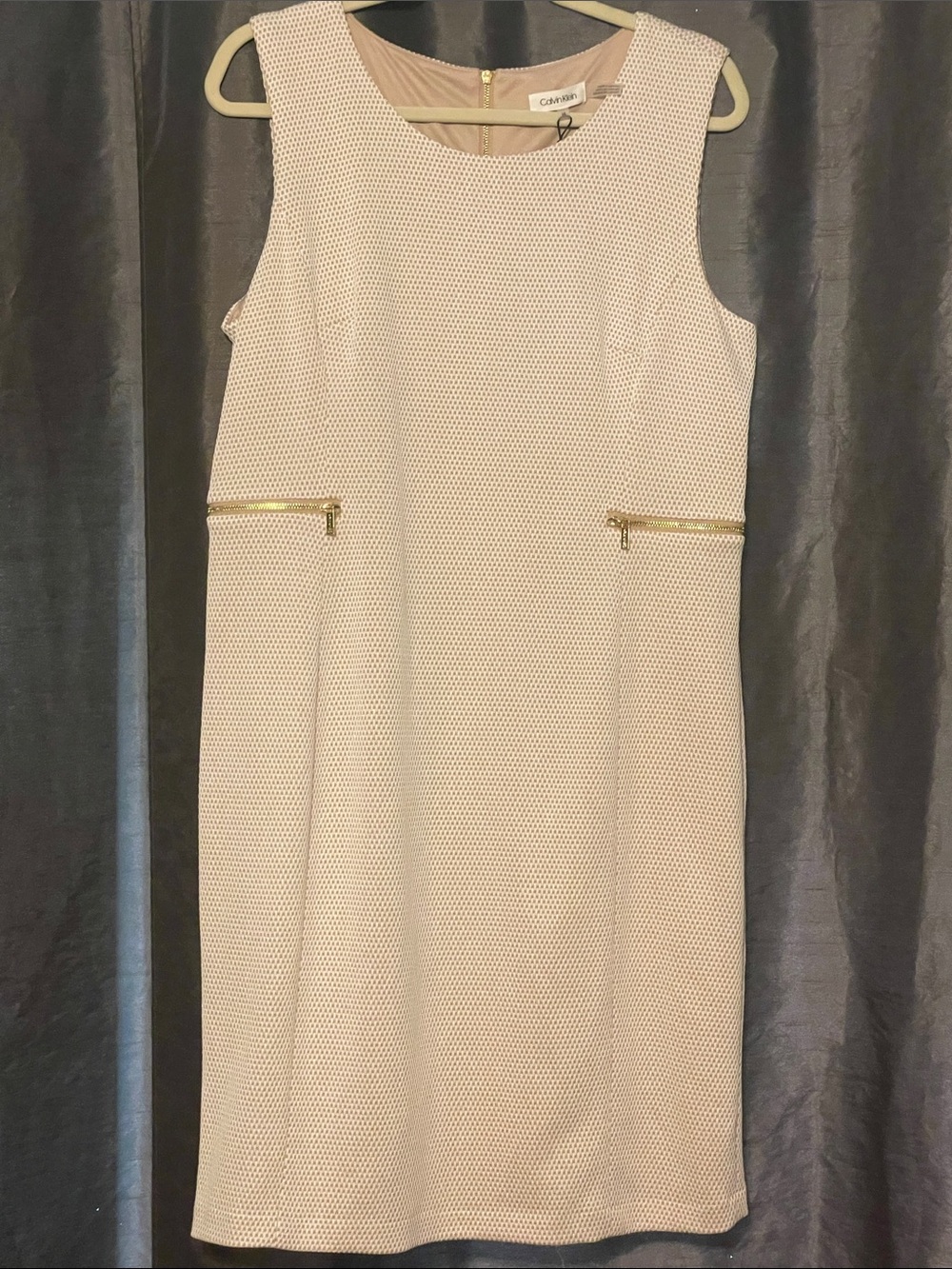 Calvin Klein Cream Textured Midi Shift Dress with Gold Zippers